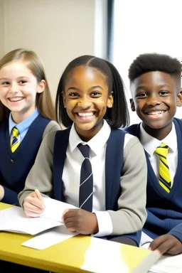 Smiling students wearing school uniforms sitting inside a classroom with clear details of diverse faces