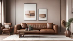 Home interior mock-up with brown leather sofa, table and decor in living room, 3d render