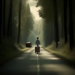 a lonely figure with a suitcase, leaving a metropole, on a road, into a forest, photo quality