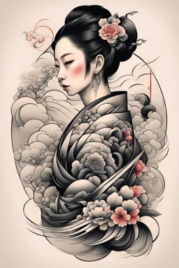 Create a captivating modern 2d Japanese tattoo design for print , using the elegant influences of japan art style, for print, dynamic elements from fashion and design, and bold Japanese art aesthetics, framing centered in the center, distanced from the edges of the paper perimeter, perfect anatomy, bauhaus, Divine Proportion,