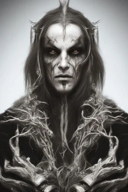 Symmetric portrait of a man with black metal facepaint , looking like Nergal from Behemoth and spitting blood