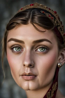 portrait a dark blonde young married woman in authentic Hungarian sárköz folk costume and short red woman headscarf , look at the camera, high realistic, high qulity, detailed, sad, beauty, perfect photo