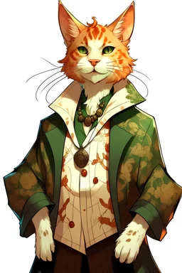 giant with short ginger hair up to shoulders, ears like cats, big green eyes, skin is furry and ginger, tall, hands like cat paws, wears white shirt with a frill at the bottom, wears jeans that go out at the bottom, wears a long coat of cheetah fur
