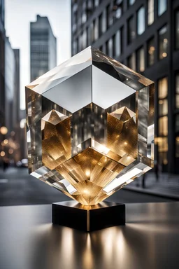 The crystal with a golden sphere inside embodies the modern urban environment in a modern urban escape, transforming into an array of crystal cubes.