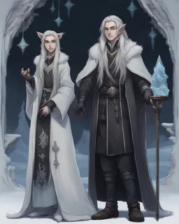 a young High Elf frost Wizard with long wiry hair, wearing a black trimmed white nobleman's robe and frost ornaments on clothes, with a weasel companion