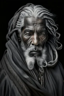 a photo of an Berber man with ethnic jewelry, grey hair and grey flowing robe, in style of Annie Leibovitz, contemporary portrait of a mature yet beautiful and modernist man, black and grey, detailed masculine face, swirling fluid smokey enigma, award-winning artwork