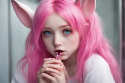 And as soon as she scooped water into her palm and took a sip, her gaze fell into the reflection, immediately she almost choked with surprise: pink hair with rabbit ears, 2 cat tails of the same color, which dangled back and forth in surprise. The eyes also turned pink, but the iris was in the shape of a carmine heart. After looking down like that for a few minutes, she felt herself and was stunned by shock again. She turned into a creature resembling a human, but with the features of a rabbit a