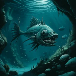 A dark bluish teal underwater abyss with angler fish painted by Katsushika Hokusai