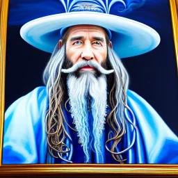 portrait painting of a wizard, ultra highly detailed, intricate details, shiny, sky blue eyes, pipe smoke, metallic, robes, embroidery, runes