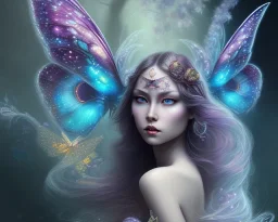 Beautiful mystical butterfly portrait, dark fantasy, romanticism, acrylic paint, chinese painting, magazine, highly detailed, ethereal, otherworldly, backlighting, rays of shimmering light, persian empire, artstation, silver, purple, black, teal, aqua, yellow, olive, vibrant, intricate,