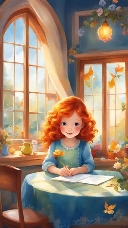 In this charming children's illustration, you will discover a beautiful young girl sitting at a table near a window, joyfully writing a letter. Her bright ginger hair shines like fire, perfectly complementing her lovely blue eyes that sparkle with creativity and imagination. The girl is surrounded by a beautiful and cozy room filled with vibrant colors. Every meticulous detail of this illustration has been brought to life through digital painting, creating a whimsical scene that invites children