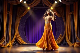 modern stage with gray-dark yellow blueish violet theme artistic decoration , color full dynamic lighting, a beautiful lady in maxi dress with shining silver jewels ,curvy long hair,dancing, 3D recursive fractal structure animating background