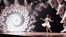 modern stage with a beautiful lady in modern clothing dancing, 3D recursive fractal structure animating background