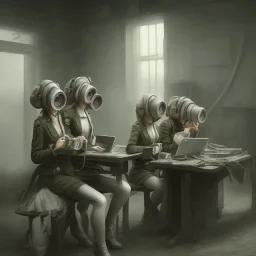 cute girls sitting at the computer in military gas masks. one of the girls is sticking out of the canale