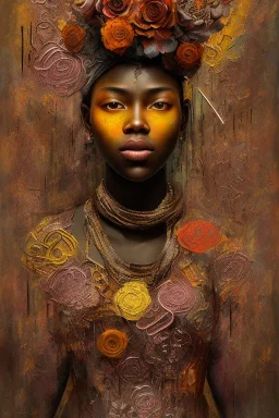 an abstract painting of rusted metal and flowers, african portrait, rust, scaffolding, iron cladding, decay, mixed media, textured, anatomically correct, beautiful perfect face, sharp focus, highly detailed