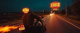 The kebab man driving fast on his motorcycle, fire from the exhaust, widescreen picture, empty road on the country at night, comic style, no helmet and he have a long beard, neon kebab signs along the road