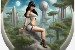 Photorealistic, Full Body Photo Of A Sci-Fi Pin-Up Girl, With Dark Hair With Bangs, On An Alien Jungle Planet With Cloud Trees, Tall Spires, Buildings, Bridges, Arches