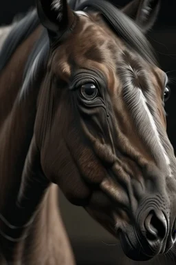 Horse with small overly realistic human eyes, scary