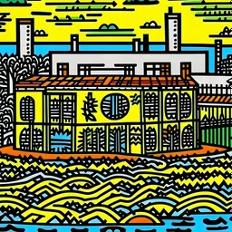 A factory near a big lake painted by Keith Haring