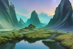 rocky cliff, vegetation, galaxy, infinite, cosmos, people, water reflection, sci-fi.