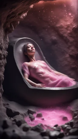 full body portrait of soap star sleeping in a sarcophagus filled with calm transparent pinkish embalming liquid inside coal mine shaft,bokeh like f/0.8, tilt-shift lens 8k, high detail, smooth render, down-light, unreal engine, prize winning