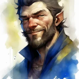 dnd, fantasy, watercolour, large strokes, stylistic, portrait, illustration, male, face, weathered face, sly, violent, evil, smiling, vigorous, rogue, criminal
