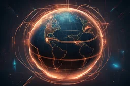 Cyberpunk illustration of global world connected by copper light lines