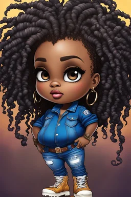 vibrant psychedelic pop punk image, airbrush, 48k, cartoon art image of a plus size chibi dark skinned Black female wearing a sapphire blue jean outfit with timberland boots. Prominent make up with brown eyes. Highly detailed tight curly ombre dread locs