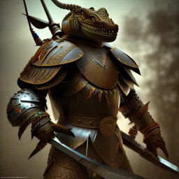 photograph of a warrior with crocodile themed armour. extremely detailed. dslr. 85 mm.perfect position, unreal engine