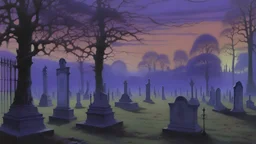 A purple graveyard filled with ghosts near a mansion painted by Caspar David Friedrich