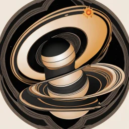 Fantastical sun hat which looks like the planet Saturn with the rings of Saturn making up its brim, black background, surreal, by John Stephens, complementary colors, digital art.