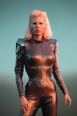 Ultra Realistic retro sci-fi scene, waist up view portrait, blonde woman, sweet young Kim Basinger face, perfect iris, glow eyes, makeup. Saturn background, Retro sci-fi style, helmet, tight latex coat, fog, rain, soft color, highly detailed, unreal engine 5, ray tracing, RTX, lumen lighting, ultra detail, volumetric lighting, 3d, finely drawn, high definition, high resolution.