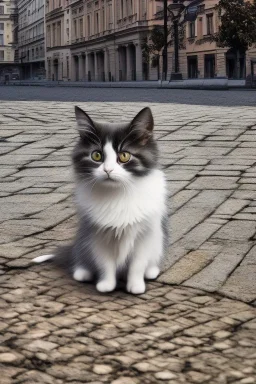 Small cat sitting in the foreground of street in Vienna Austria