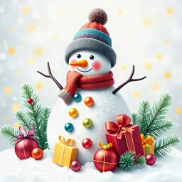 Create multicoloured snowman with gifts and colour balls yellow spruce snowflakes gold winter background