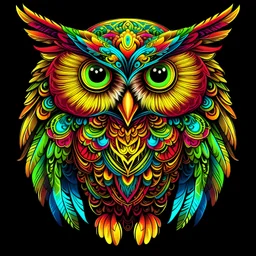 Brightly colored owl with ornate wings and a glowing eye