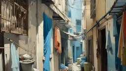 Oil painting, A narrow alleyway filled with hanging laundry of various colors, including white . The buildings on either side have blue shutters and a warm, muted color palette. The scene captures a sense of everyday life in a quaint urban setting, creative, extremely detailed brush stroke