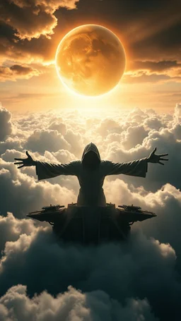 a hooded alien open his arms above swirling clouds, emerges from the heart of a raging storm. Turbulent winds of steam swirl around the iconic structure, lit by shafts of sunlight that cast dramatic shadows on the A large sun hovering by over the clouds, another high planet waiting to collapse with planet earth , High quality 16k cinematic scene and great photography