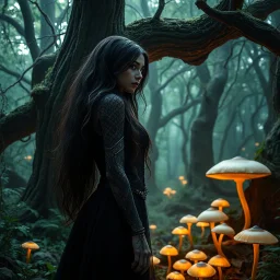 A mysterious fantasy woman standing in a lush, enchanted forest, surrounded by ancient trees and glowing mushrooms. concept ,full size, science, technology,future,electric ,futuristic style, design, practicality,manufacturability,performance, (((realism, realistic, realphoto, photography, portrait, , realistic, beautiful, elegant, charming, art images full hd, 8k, highest quality, Images must be at least 4 MP and vector previews at least 15 MP.