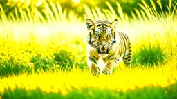 ((cheerful tiger, running, grassy field), sunny, bright, (golden hour lighting), soft focus, vibrant colors), polaroid, photograph, professional photograph, (high resolution, cinematic composition, telephoto lens)