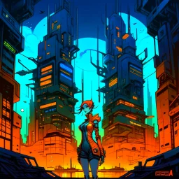 cyberpunk retro futuristic for comics in orange