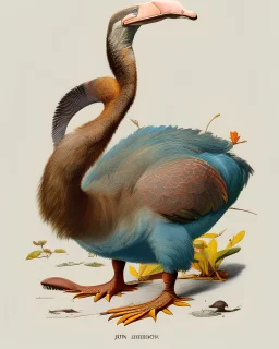 John James Audubon-like illustration of a fully uncropped Dodo bird and a Platypus in a landscape of warm yellows, warm reds, and warm blues