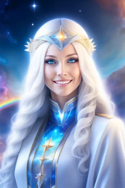 cosmic woman smile,galactic fédération, admiral from the future, one fine whole face, crystalline skin, expressive blue eyes,rainbow, smiling lips, very nice smile, costume pleiadian, Beautiful tall woman pleiadian Galactic commander, ship, perfect datailed golden galactic suit, high rank, long blond hair, hand whit five perfect detailed finger, amazing big blue eyes, smilling mouth, high drfinition lips, cosmic happiness, bright colors, blue, pink, gold, jewels, realist, high,ufo rainbow