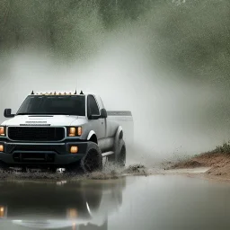 hyperrealistic shot, fast moving 4x4 truck, monotone color palette, sharp focus, puddle reflec1tion, tire mud splashes, refraction, mist on the horizon, thunder and lightning, overcast shadow, detailed and intricate, cinematic composition, 8k, micro, tilt shift photography, bokeh