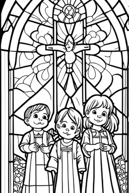 kids coloring page, stained glass church windows, cartoon style, thick lines, low detail, no shading