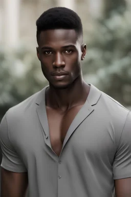 extremely handsome dark skin african american man with sharp prominent jaw-line, perfect symmetrical features, high cheekbones, photo-realistic, HD, in color ,front facing ,clean shaven, short hair, no flaws, in color