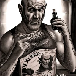 burly ugly 58 year old man bald with short beard and tank top tattoo chooses a bottle of wine in a cellar full of wine bottles dramatic light angry eyes highly detailed