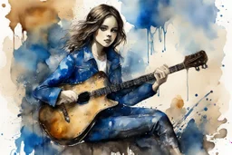 <lora:Story Book:1.0> blue sepia, mail art, masterpiece of impressionism, a girl in blue leather sits with a guitar in her hands, watercolor, quick painting, drips, splashes, stains, complex detailing, multicolor,