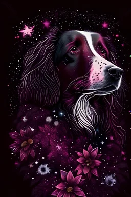 girl, dog, out her mind, beautiful colorfully flowers and star pattern on fur front facing dark smooth colors high contrast background darkred tones,