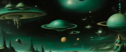 A blackish teal outer space with UFOs painted by Lucas van Leyden