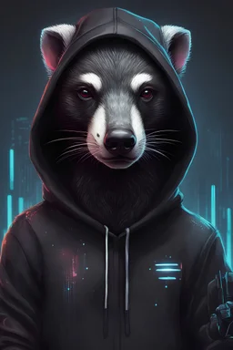 cyber punk hacker honey badger wearing a black hoodie